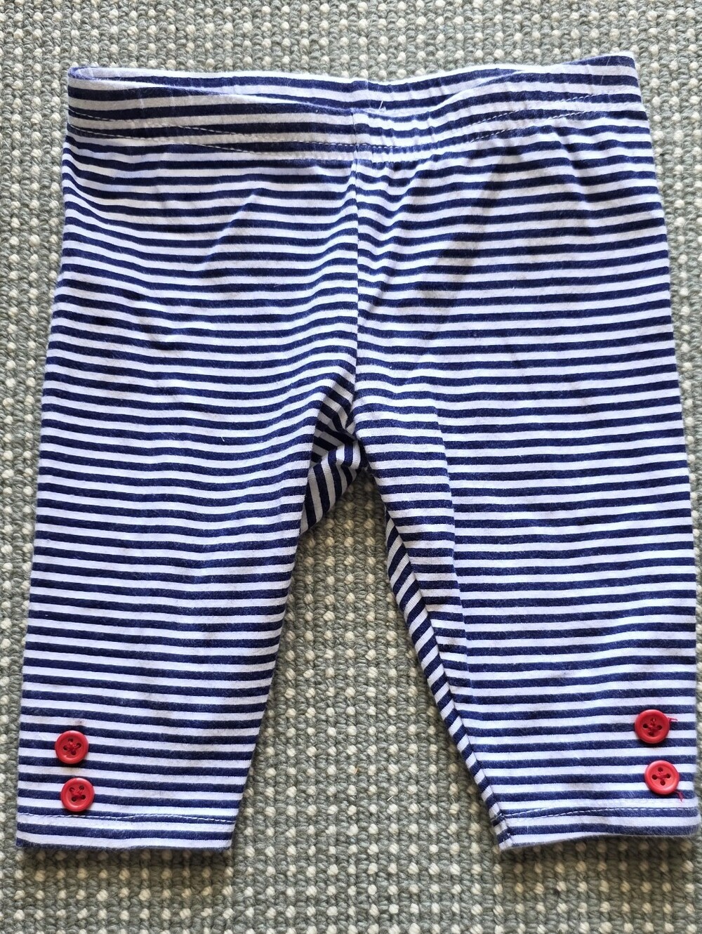 Navy & White Striped Kids Capri Leggings with Red Button Accent